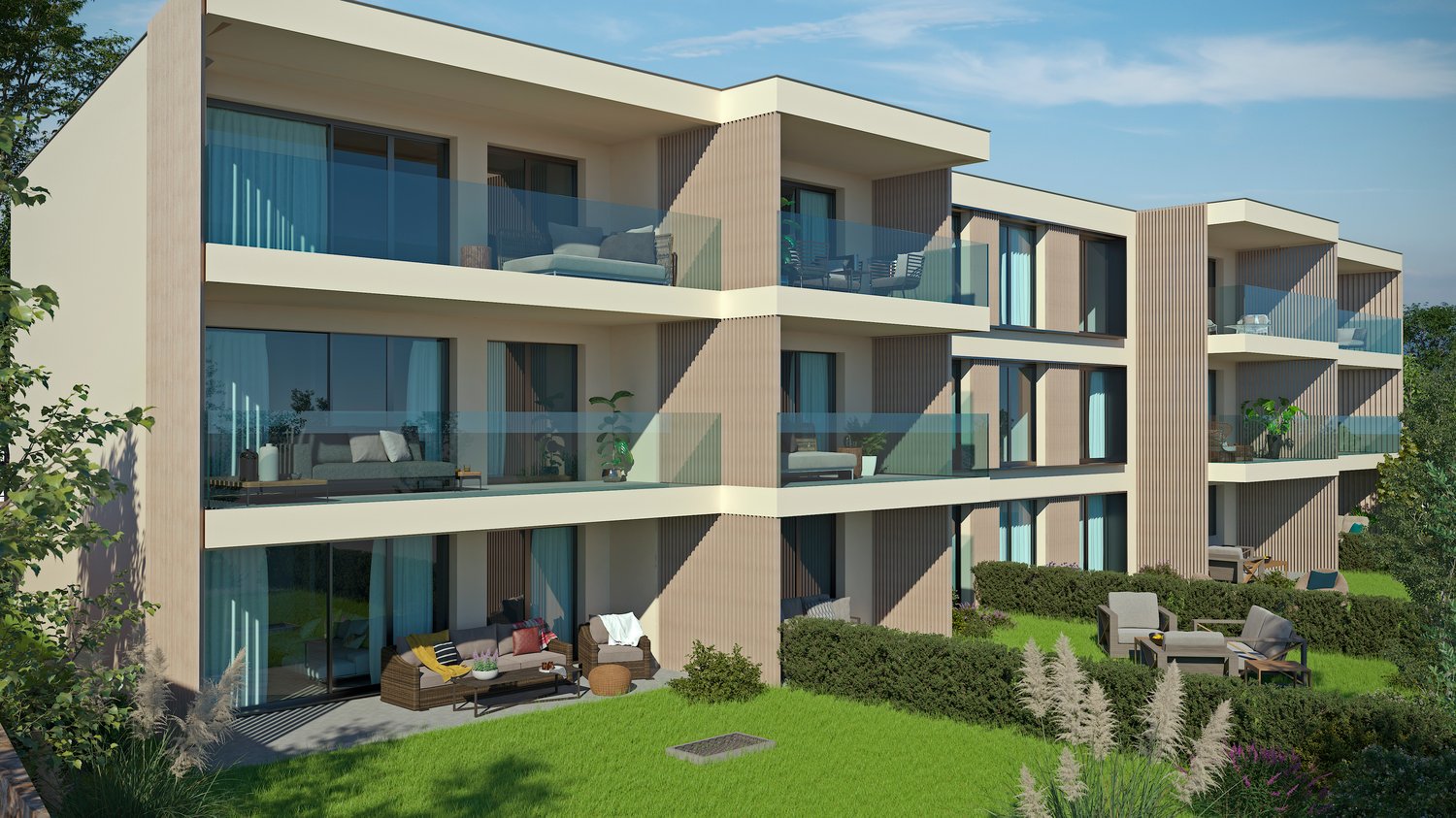 Modern apartment building, glass windows, balconies on each floor, green grass in front