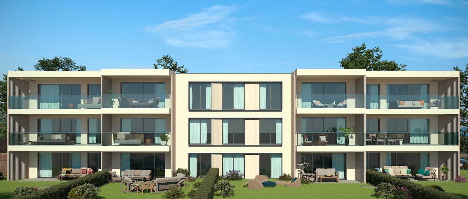 Modern apartment building, glass walls, balconies, multiple levels, lush green lawn