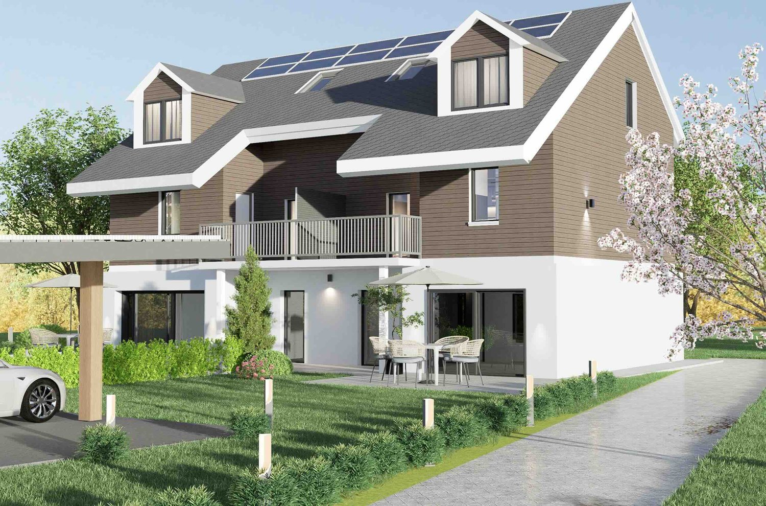 2-story house with brown siding, white trim, and a gabled roof. The house has a balcony/terrace on the second floor and a parking space in the front. The roof is equipped with solar panels for renewable energy.