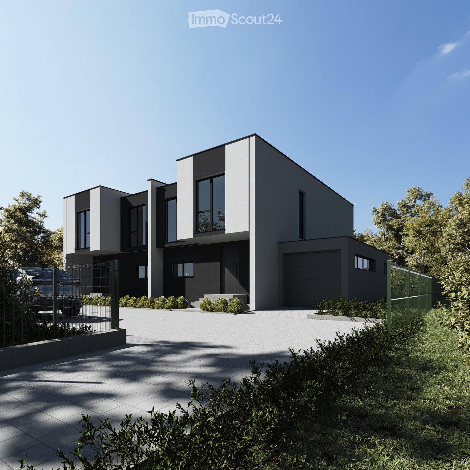 2-story modern black and white house with large windows, garage, and parking space in front of the house surrounded by landscaping and trees