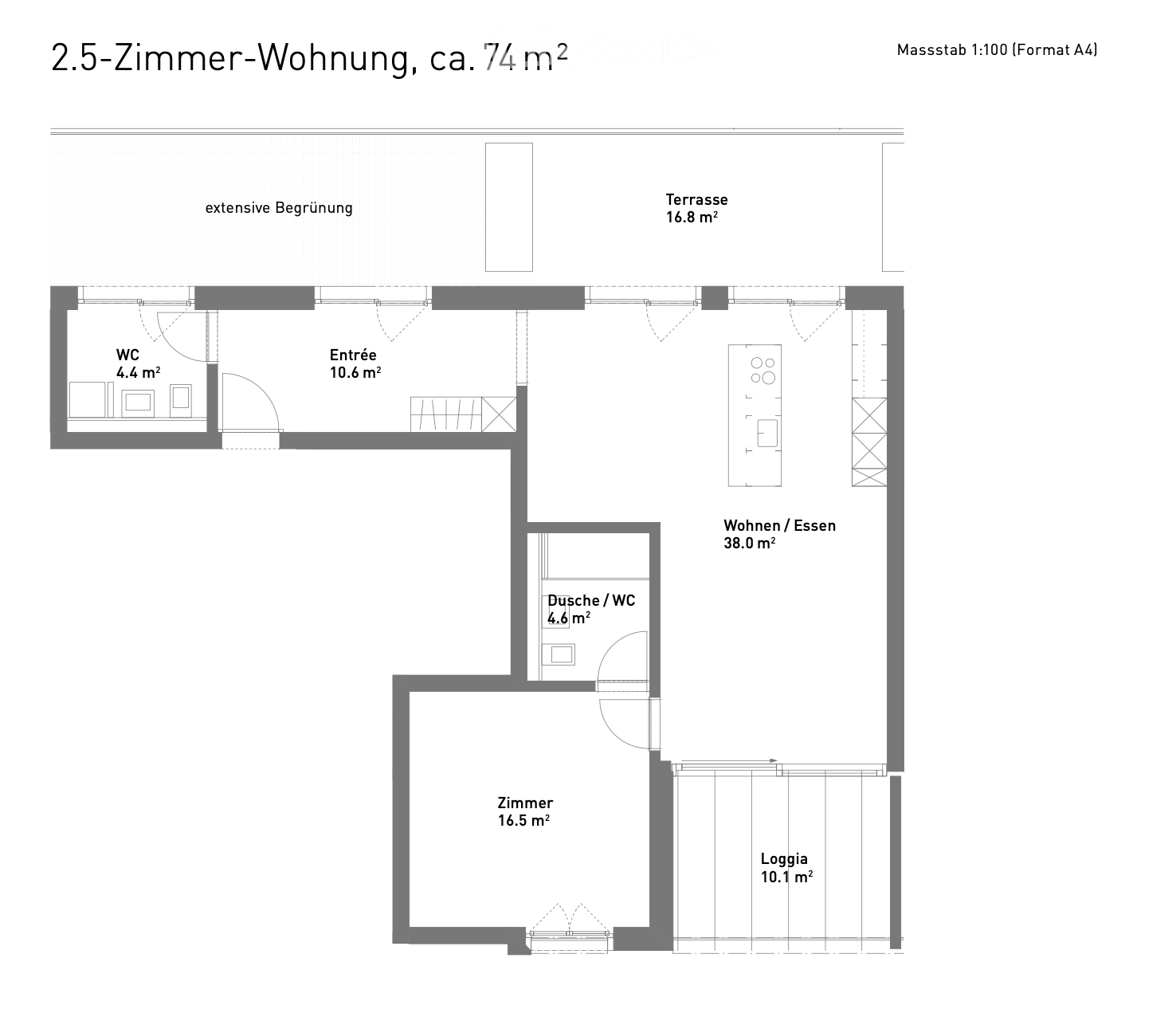 The floor plan shows a 2.5-room apartment with an area of approximately 74 m². It includes a living/dining room, a bedroom, a bathroom with a toilet, an entrance area, and a terrace of 16.8 m².