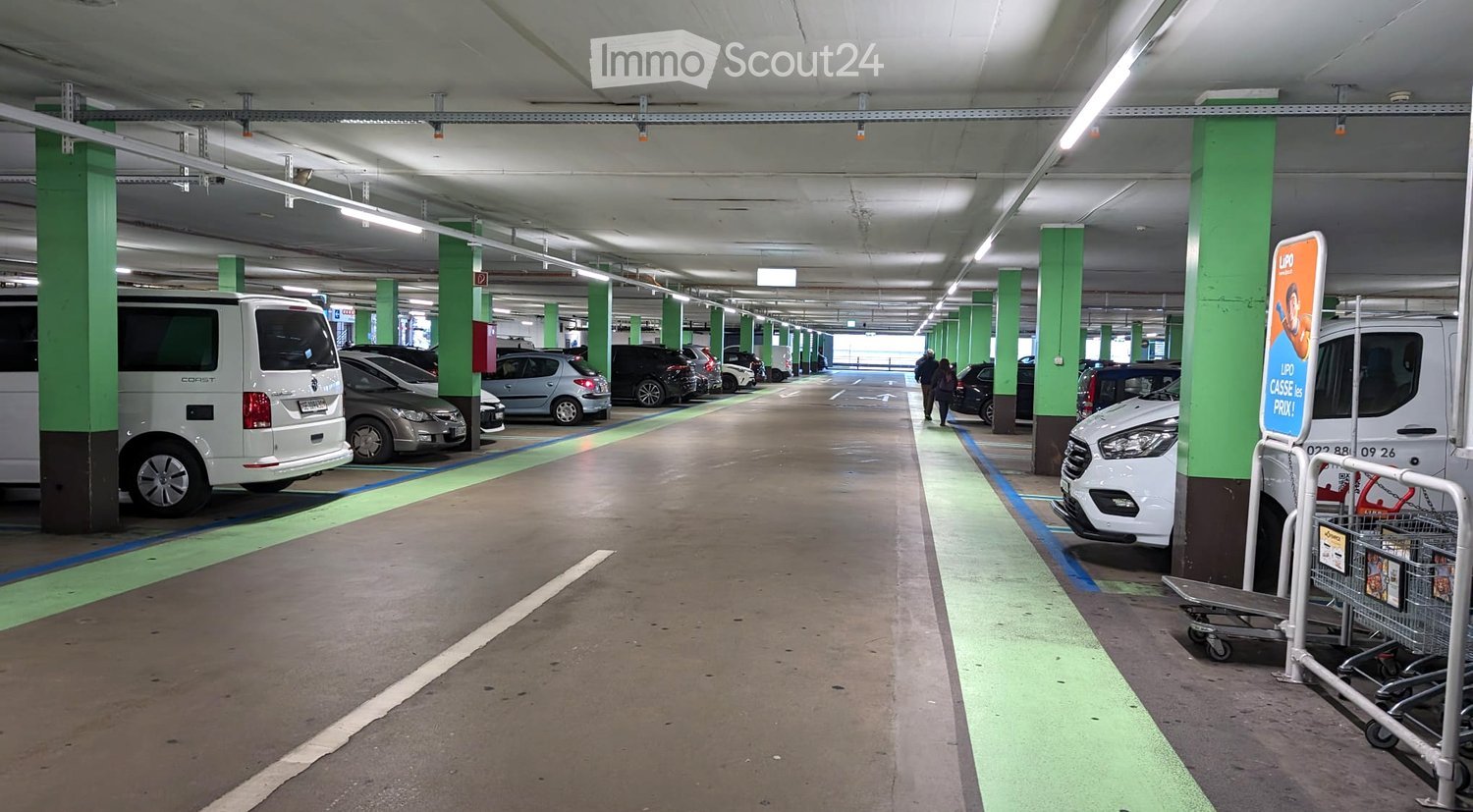 Empty parking lot with green pillars, parked cars, and trolleys for shopping cart transport.