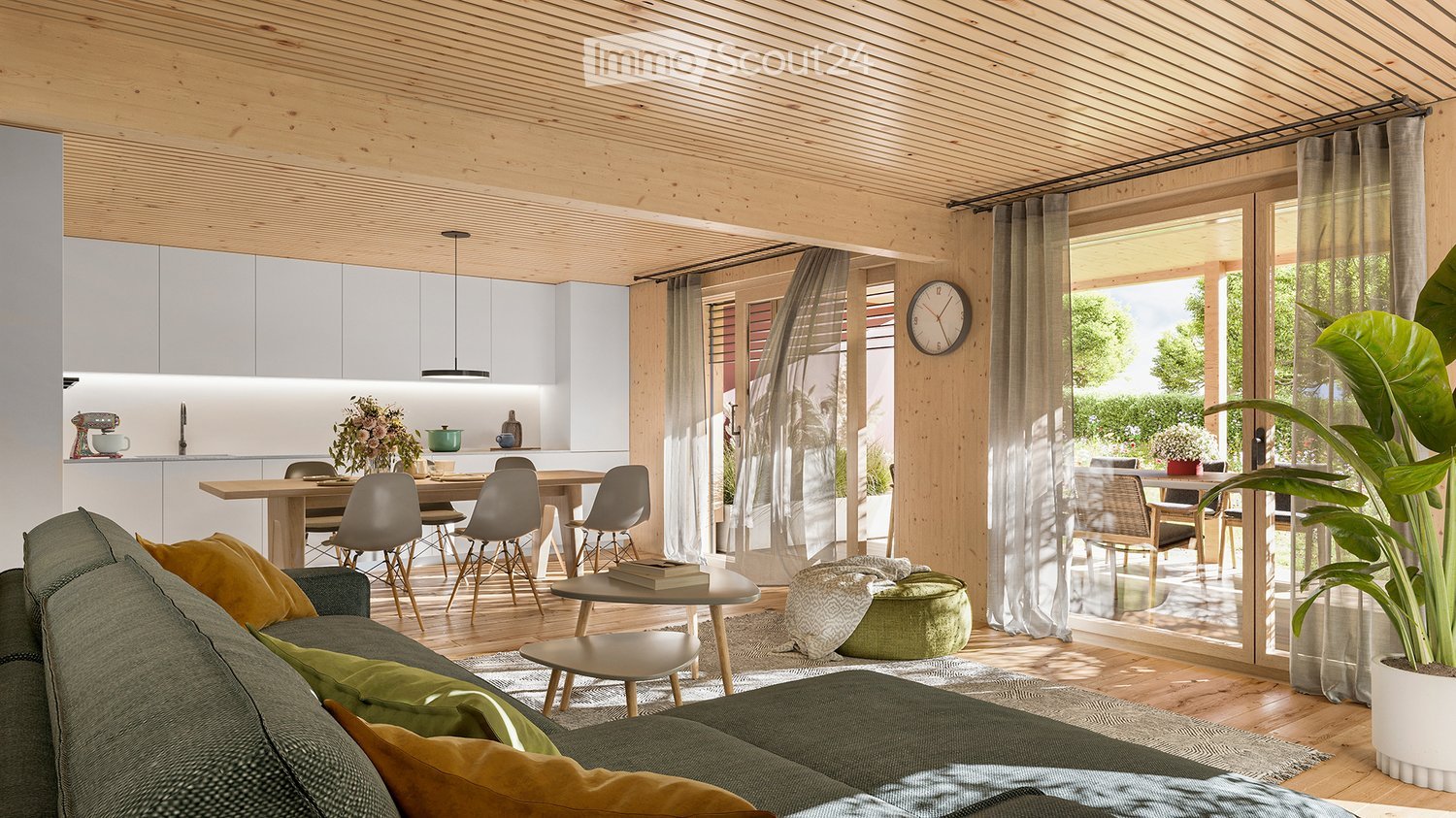 open concept living and dining area, white kitchen cabinets, wooden dining table, sofa with cushions, rug, side tables, large windows, wooden flooring