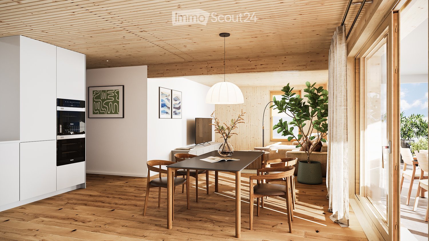 Wooden flooring, wooden wall paneling, white kitchen cabinets, dining table with chairs, large window with view, wooden floor TV stand, potted plant, decorative vase, and framed pictures