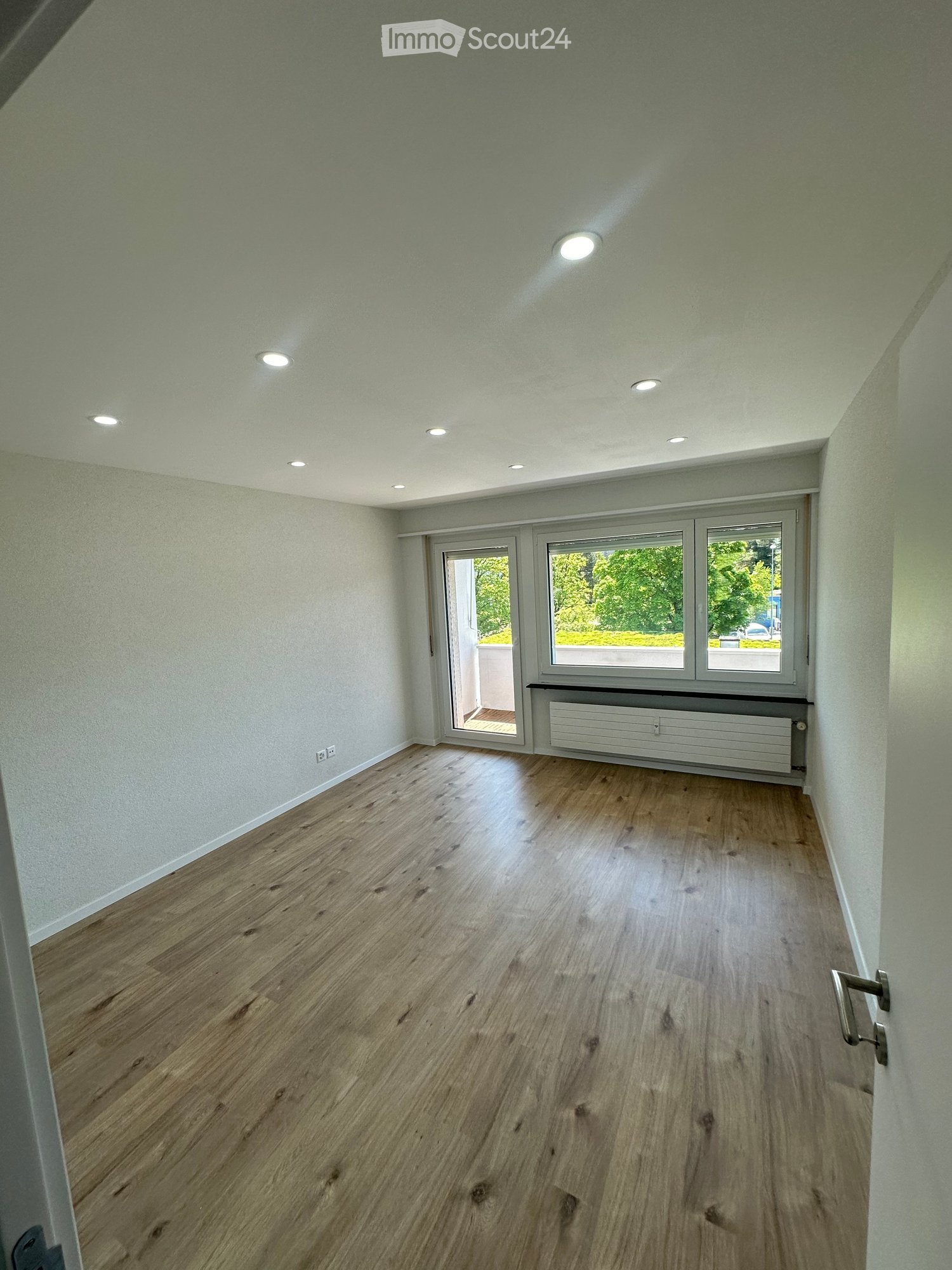 empty room, wooden floor, white walls, radiator, sliding glass door, balcony, windows