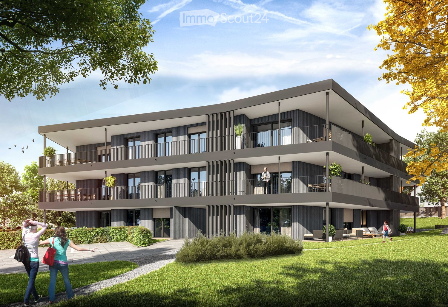 multistory building, balconies on each floor, modern architectural design, large glass windows, greenery and plants, paved walkway