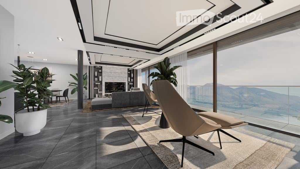 modern style living room with high ceiling, large windows, balcony, grey sofa, fireplace, gray tiles flooring, modern armchairs, coffee table, modern rug, potted plants