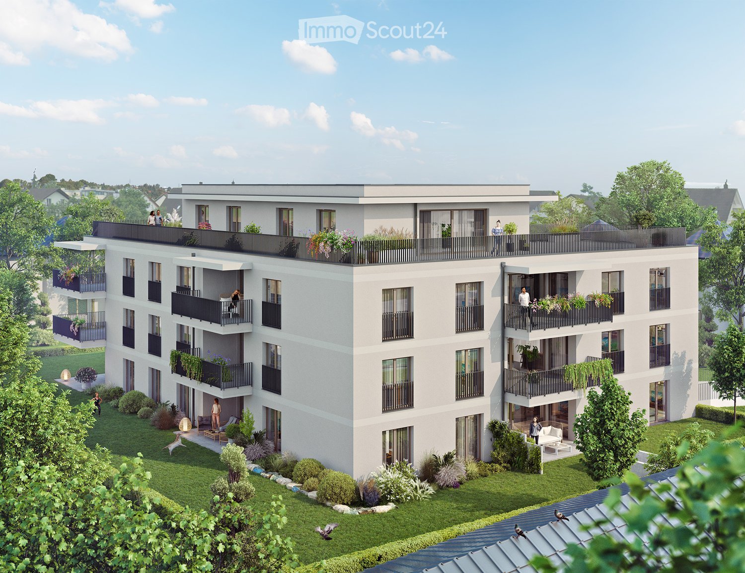 multi-story building, white exterior, balconies, terraces, raised ground floor, green landscape