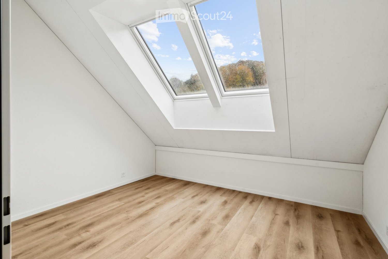 Empty attic room with wooden floors, white walls, and two large skylights with views