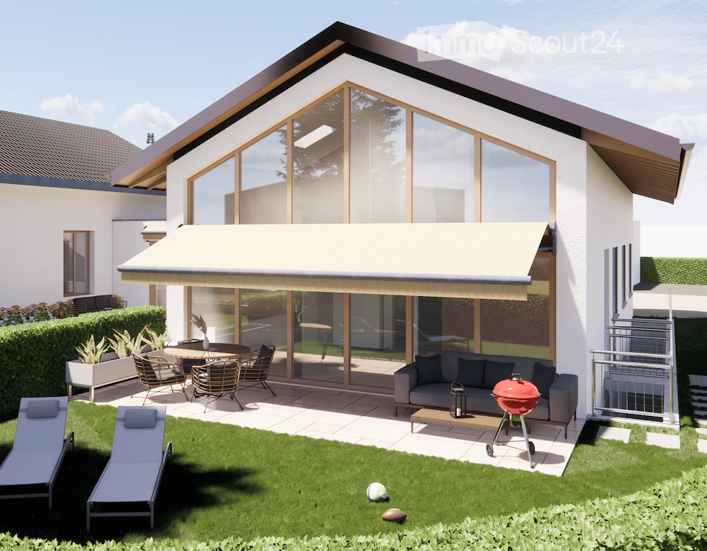A modern 2 story house, white walls, glass walls, terrace, garden, balcony, awning, lounge chairs, table, grill