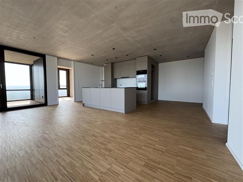 central island, white cabinets, wooden floor, large windows, sliding door leading to balcony, high ceiling