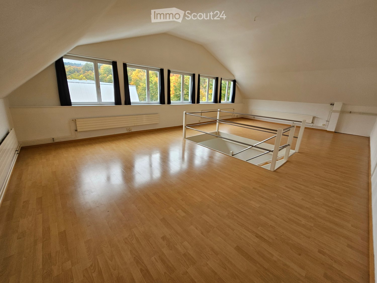 empty room with wooden floors, metal handrail, windows, and radiators
