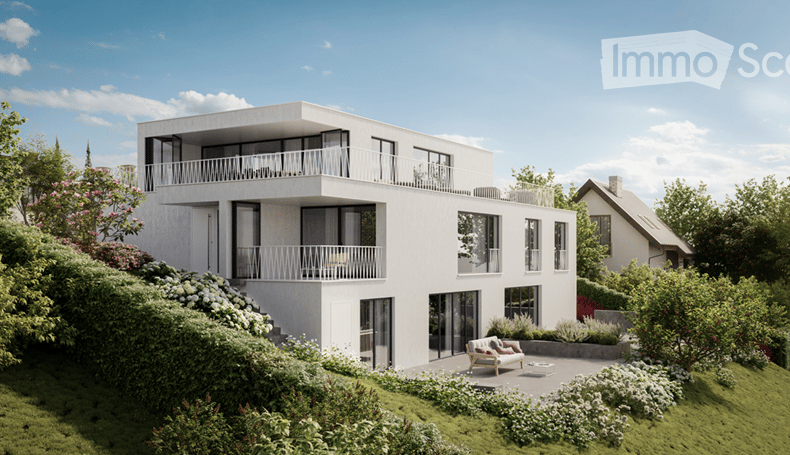 Modern house, white exterior, 3 floors, multiple balconies, landscaped garden, outdoor seating