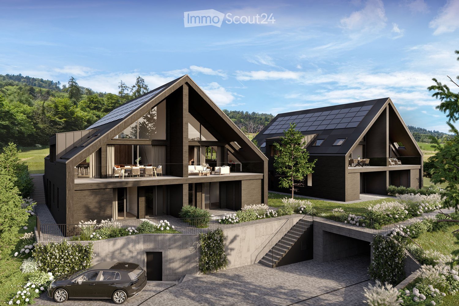Contemporary two-story house, brown exterior, solar panels, raised ground floor, balcony, views of the surrounding landscape
