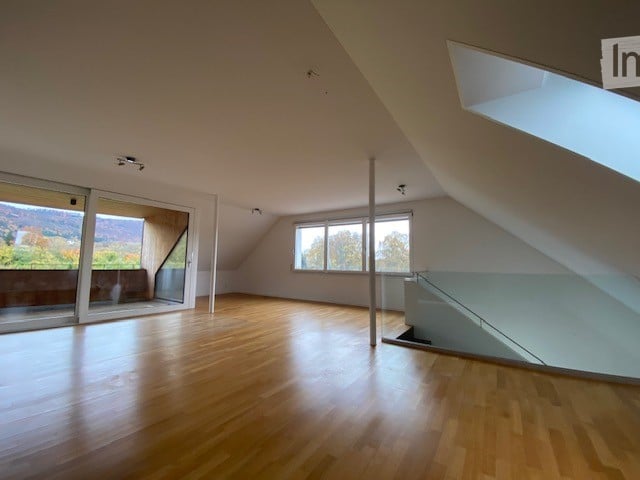 open wooden floor, large windows, balcony, glass sliding door, attic style