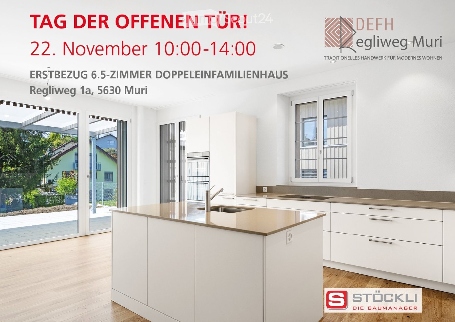 Modern kitchen with white cabinets, wooden floor, granite countertop, large windows, balcony, stainless steel sink, and faucet