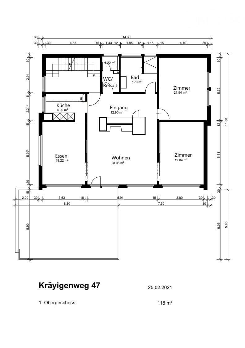 Living room, kitchen, 2 bedrooms, 1 bathroom, bathroom with WC, reduction space, entrance