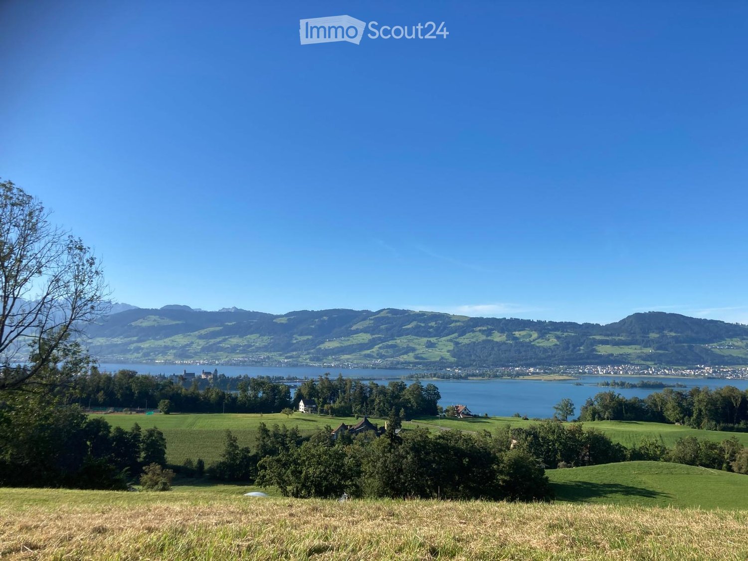 Wide view of a lake with houses, mountains, and greenery