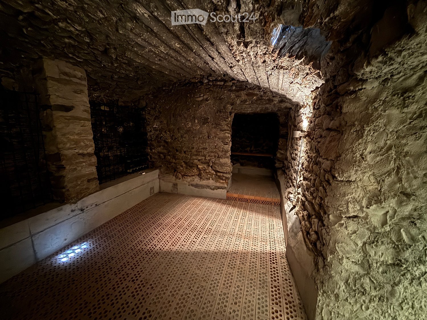 Stone tunnel with a wooden floor, natural lighting, a door, and stone walls