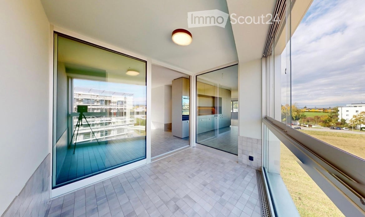 modern room, large glass walls, balcony, tiled floor, cabinets