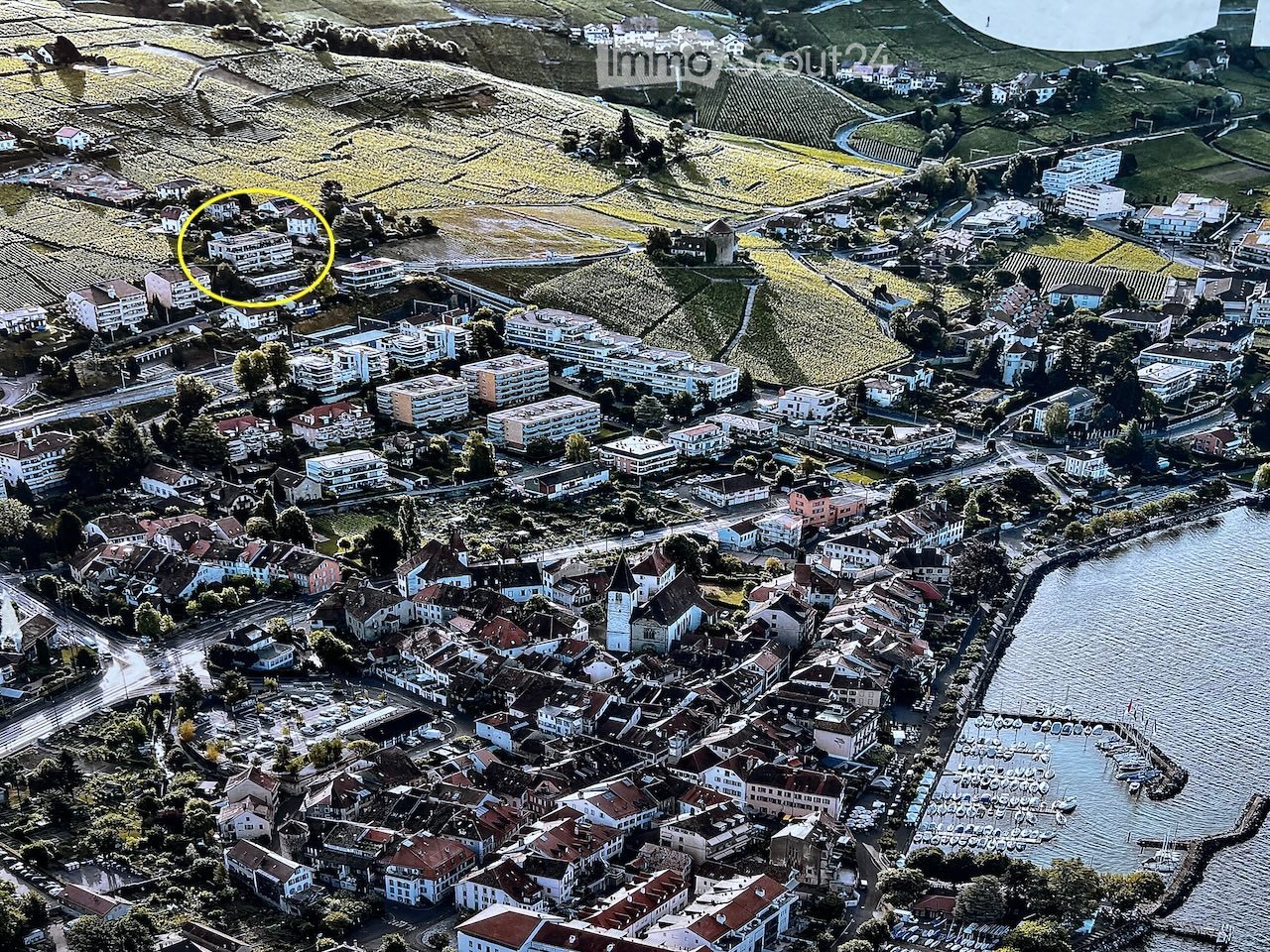Aerial view of a city with several buildings, a church, a large body of water, and a wide field