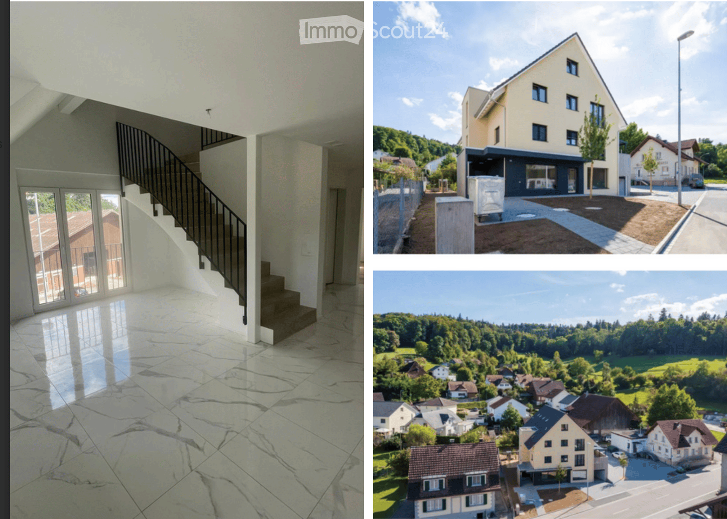 Two-story house with glass door, staircase, white tiled floor, and views of nearby houses and trees.