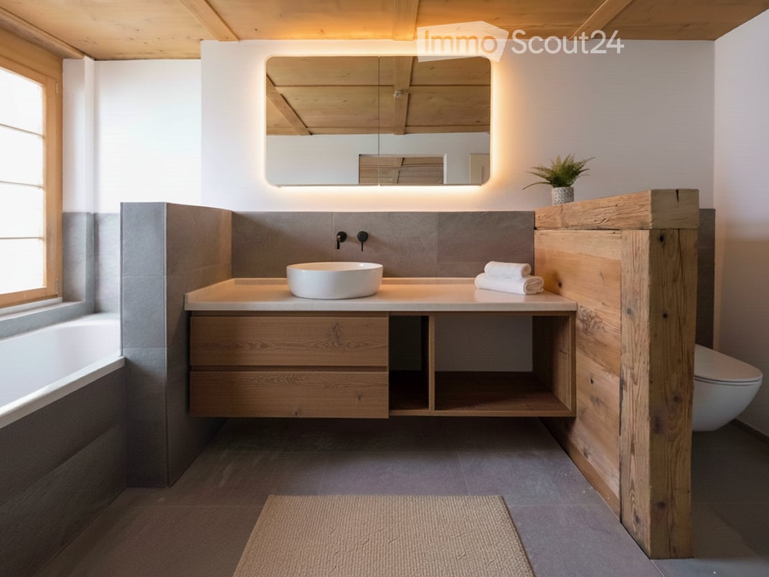 modern style bathroom, bathtub, wooden cabinet, wooden floor, white sink, white toilet, wall mounted mirror, illuminated mirror