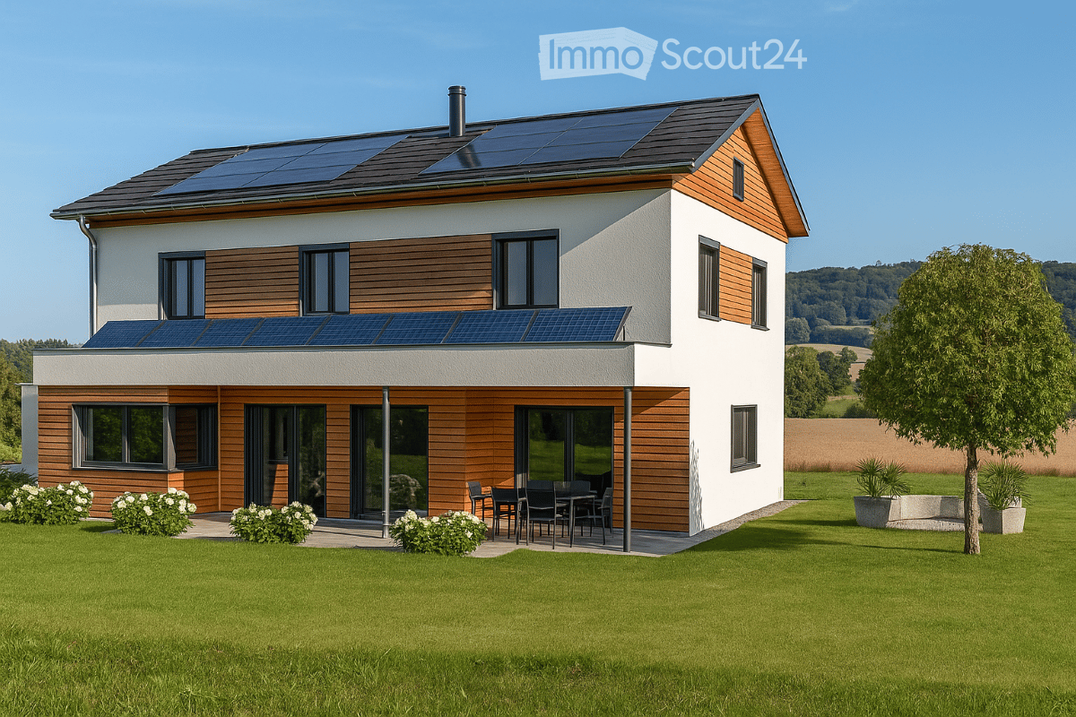 2 story house, solar panels on roof, wooden exterior, large windows, table and chairs in patio