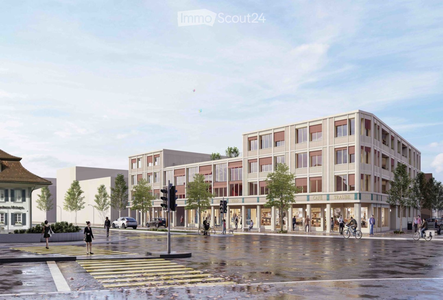 Modern apartment building with glass facade, ground-level shops, multiple balconies, pedestrian-friendly streets, lush green trees, and visible people engaged in various activities.