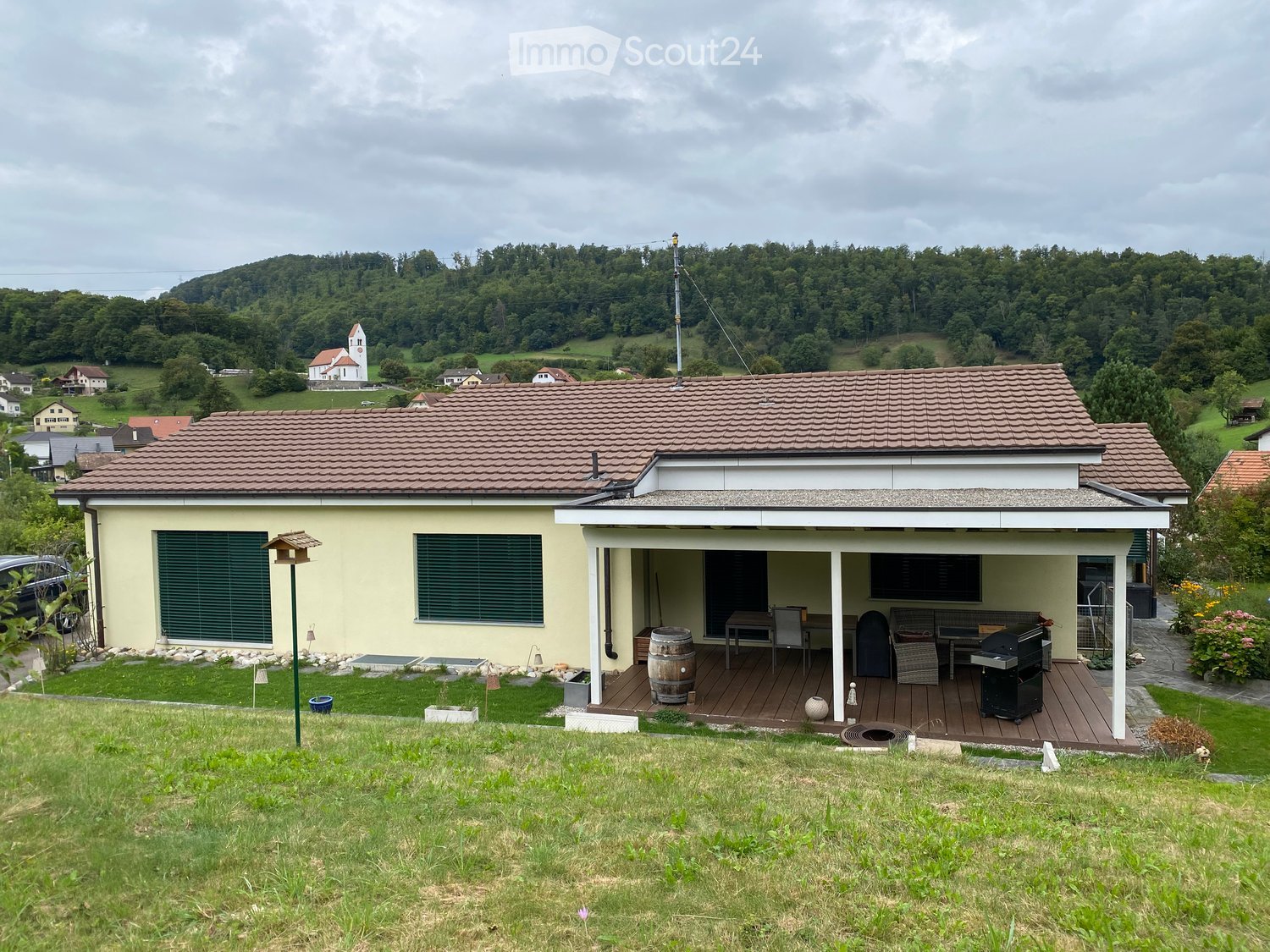 single-family house, brown roof, yellow facade, car parked in front, terrace with outdoor dining and a grill