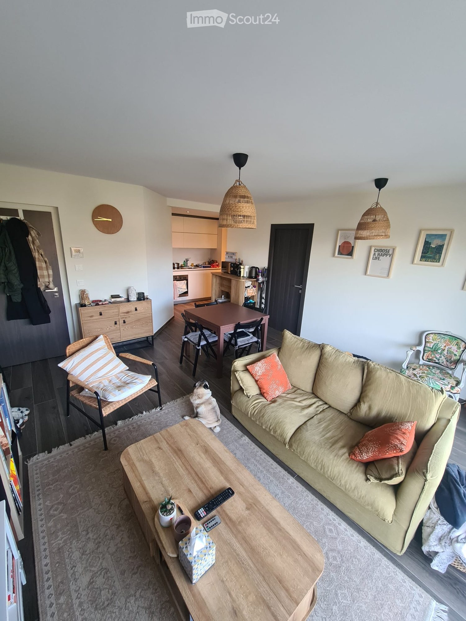 living room with couch, wooden table, cat, dining table, cabinets, microwave, bookshelves, picture frames, doors, lamps, and clock