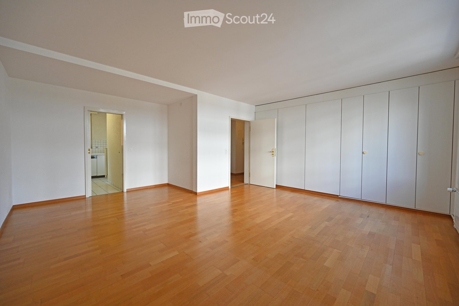Wooden floor, white walls, large room, closets