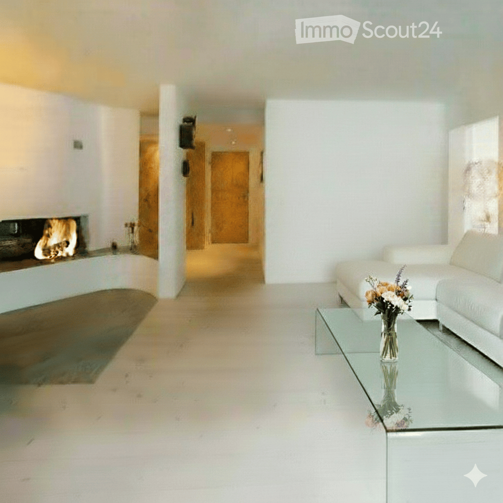 Modern living room with white walls, large glass table, sofa, fireplace with fire, decorative plants