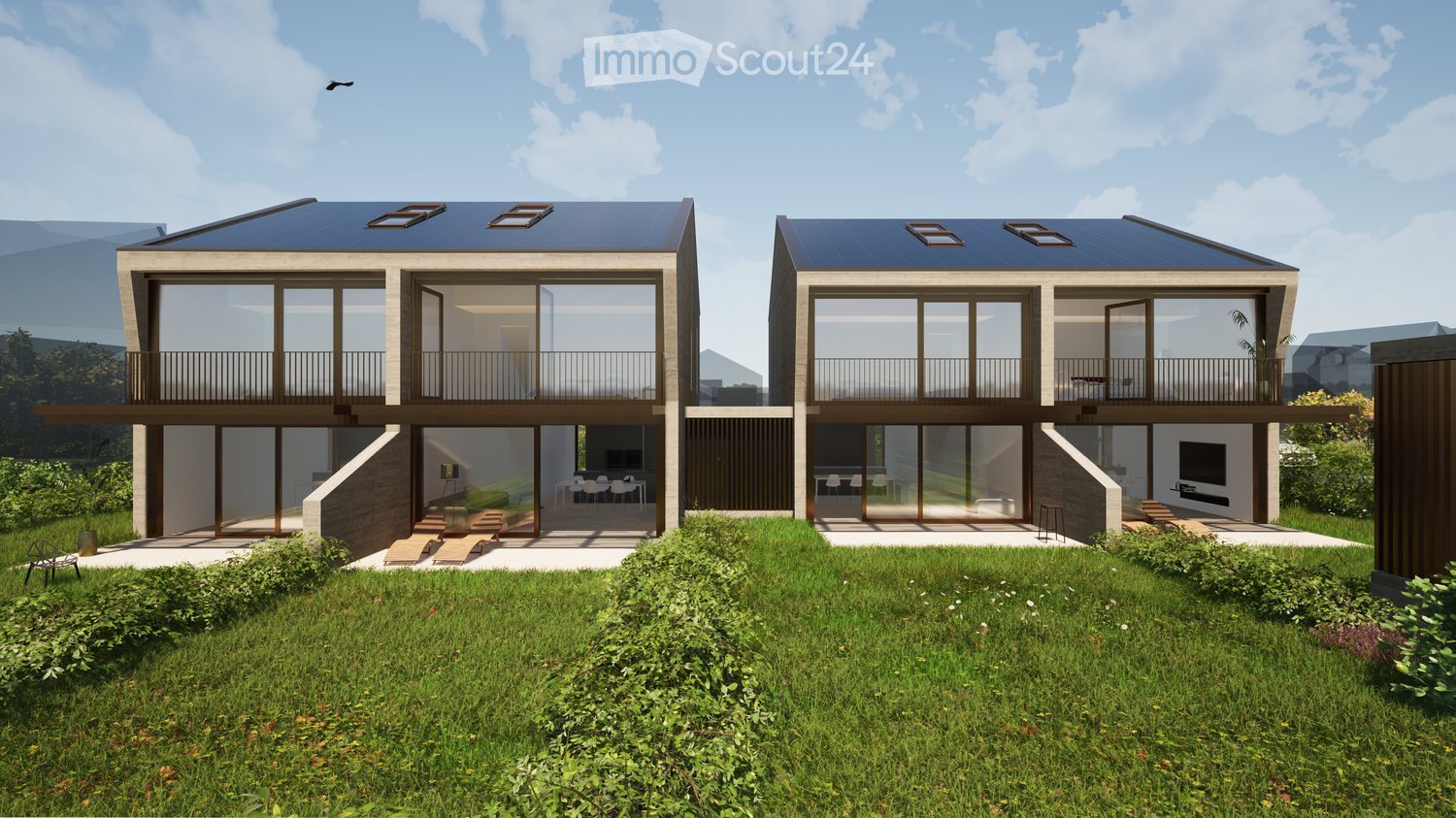 two story modern home, glass walls, solar panels on roof, balconies, green grass, modern exterior