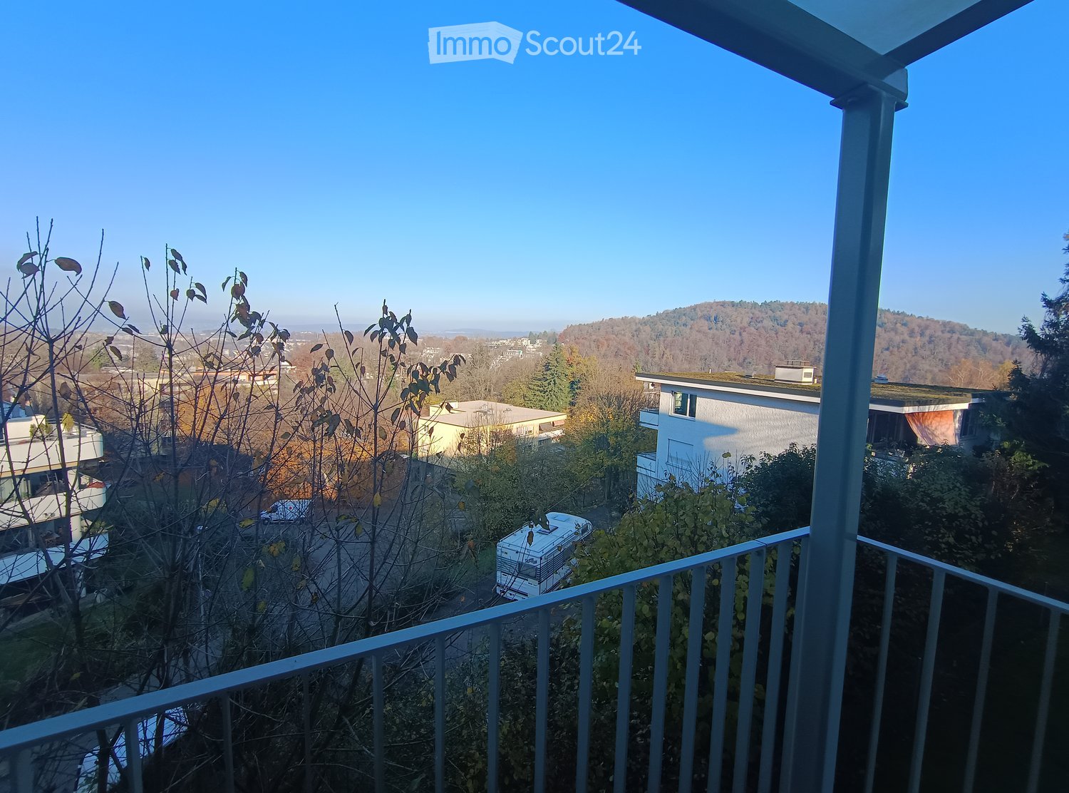 Metal railing, trees, plants, distant houses, van, mountain