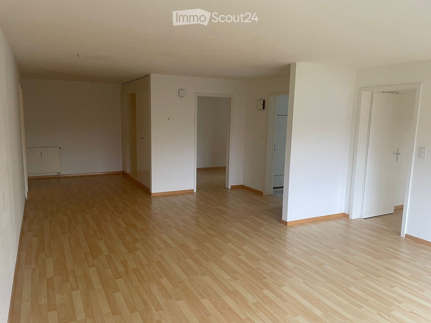 Empty room, wooden floor, three doors, white walls, small windows, white ceiling, central heating