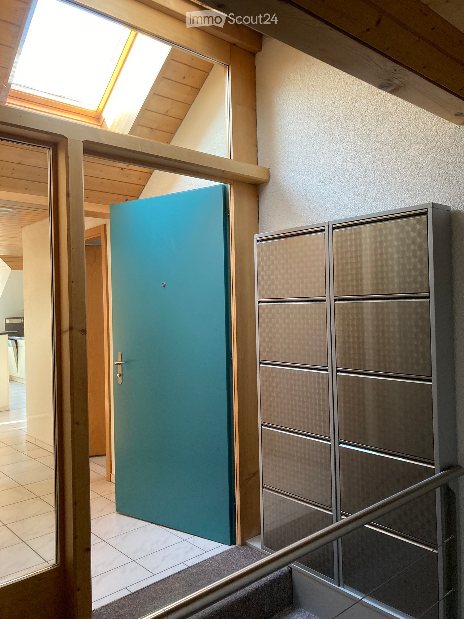 entrance hall with wooden floor, cyan door, storage cabinet, skylight