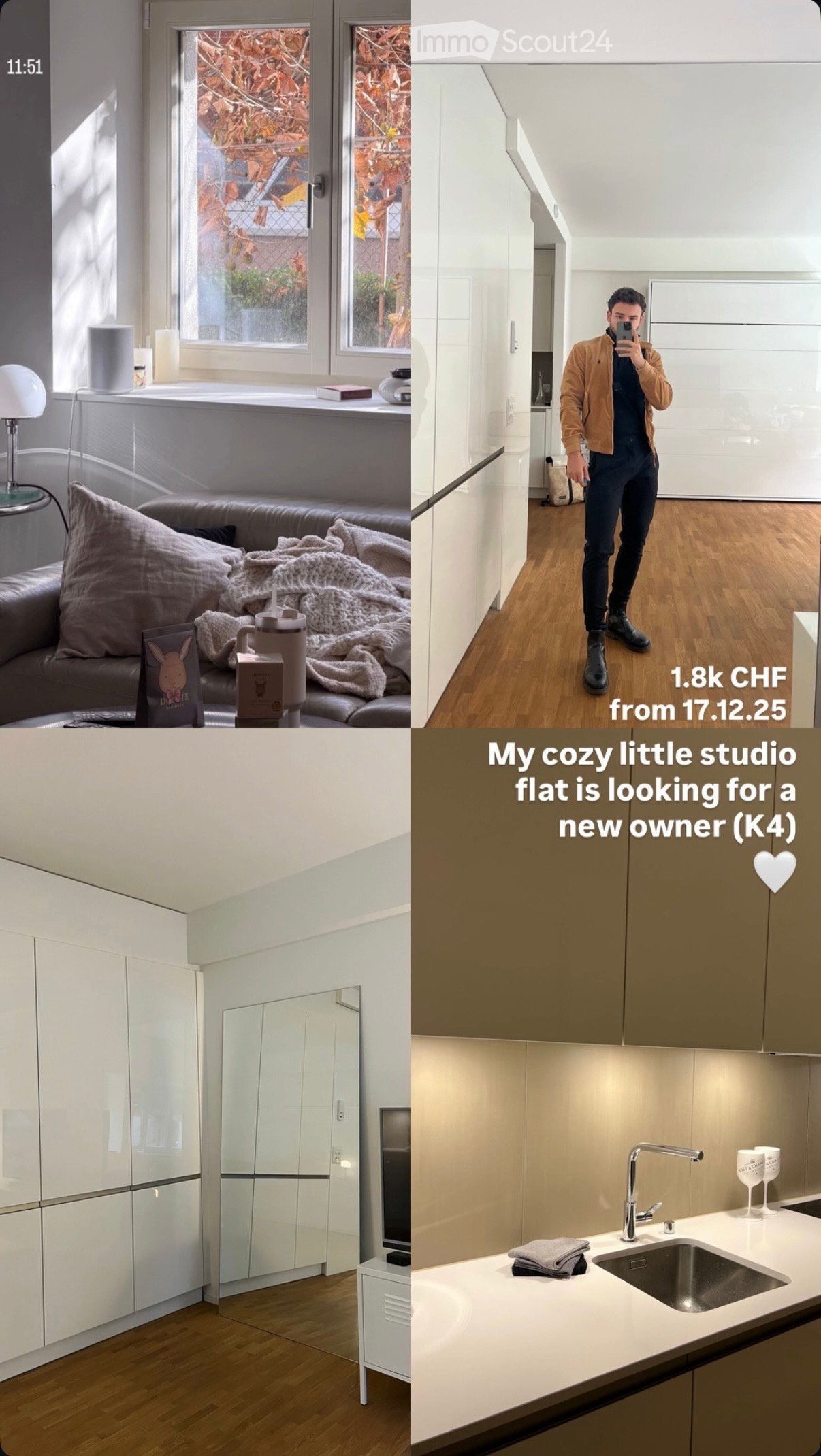 Studio apartment, white cabinets, open layout, kitchen with sink, window with balcony, bedroom with bed, living area with couch, window view, white walls, wooden floors