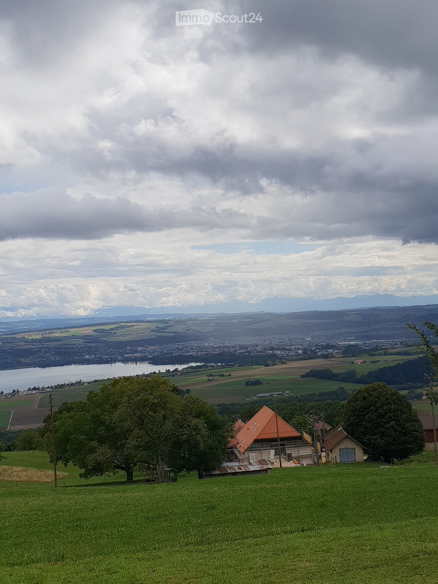 House, green field, large tree, lake, cloudy sky