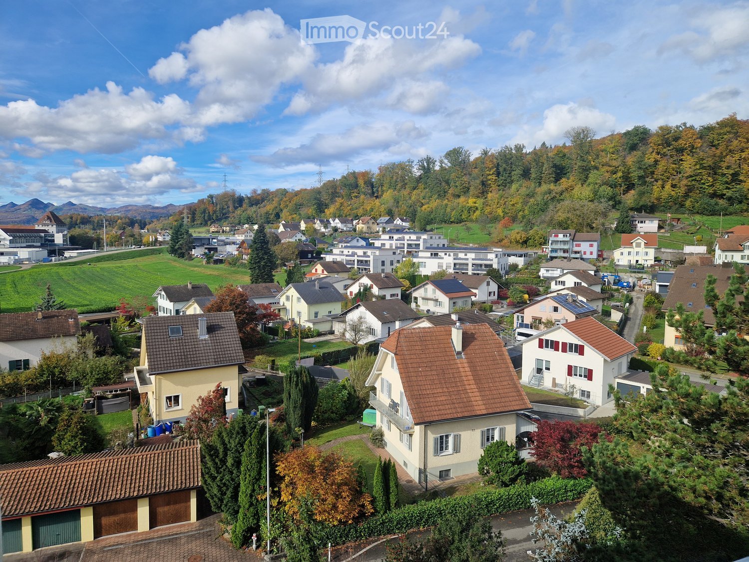 several houses, some with garages, some with solar panels, surrounded by trees and grass