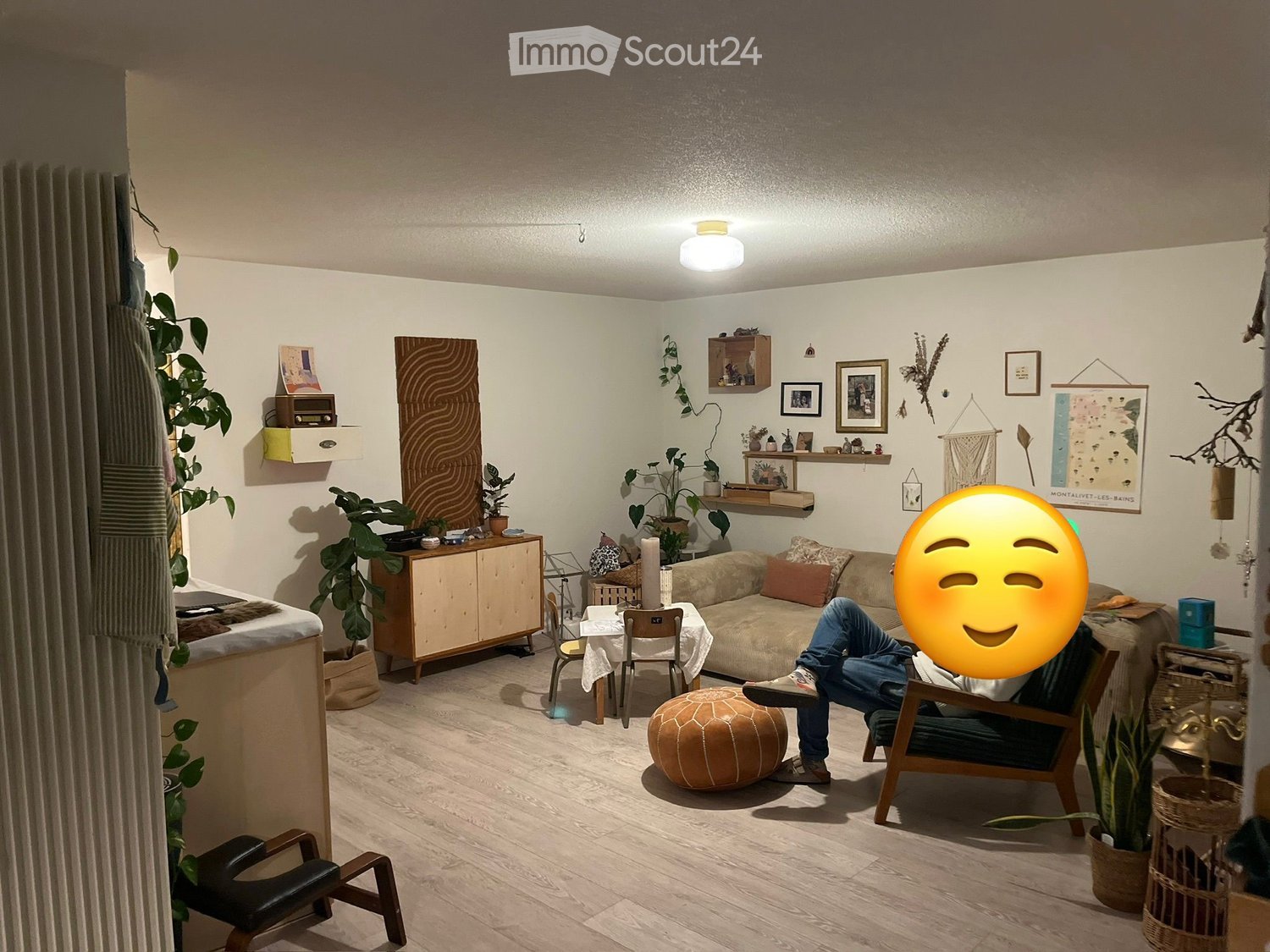 wooden floor, white walls, beige couch, armchair, small table with candle, plants, shelves with various objects, person lying on armchair