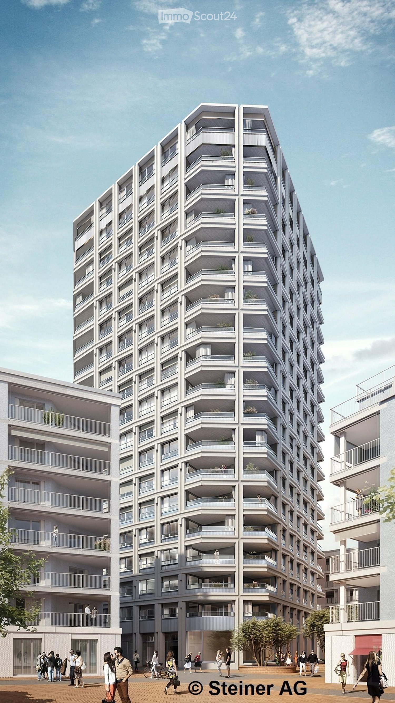 A modern residential high-rise building with multiple balconies on each floor, surrounded by other buildings and greenery.