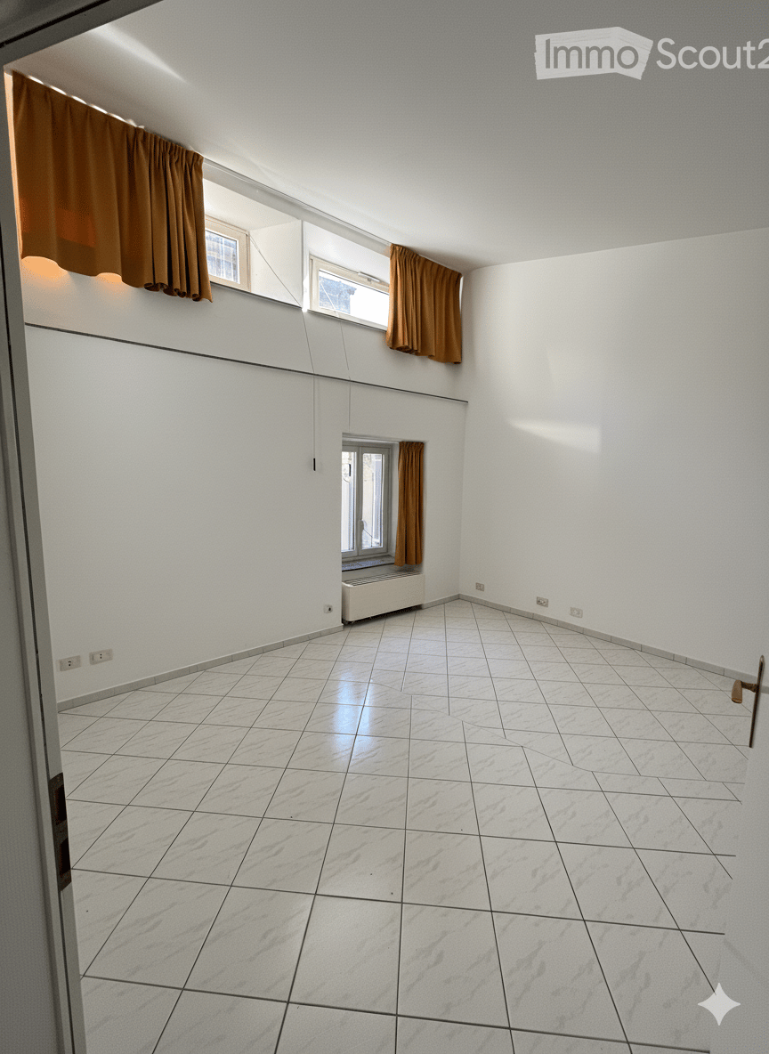 white floor, white walls, three windows, heater under the window, curtains