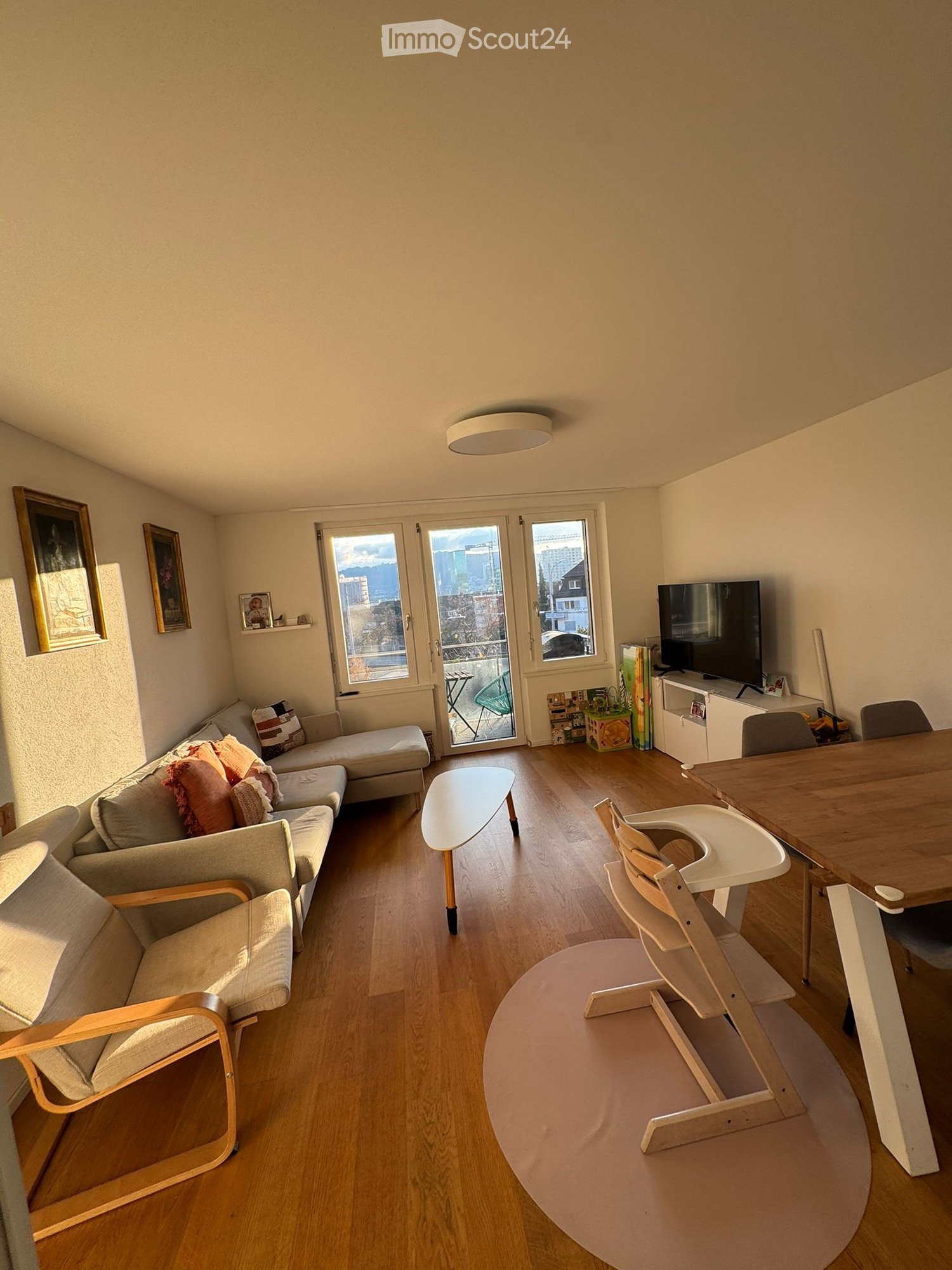 wooden floor, sofa, table, TV, dining table, chair, wooden high chair, pictures, balcony