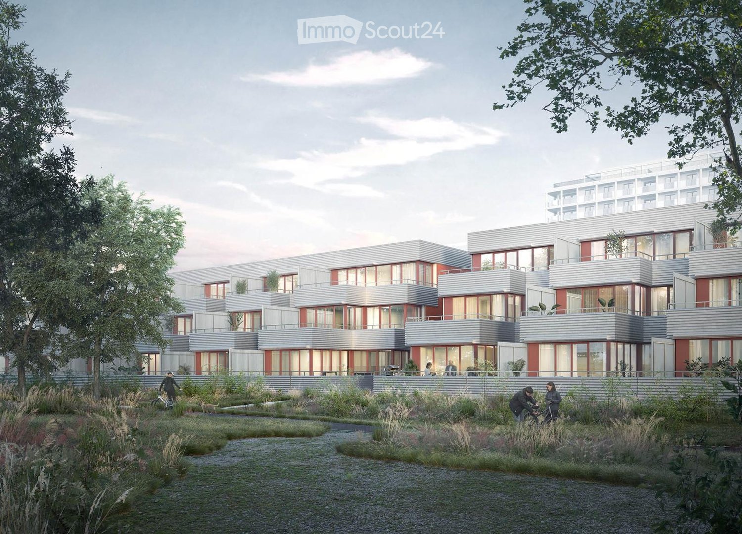 Modern multistory apartment building, balconies, glass windows, greenery