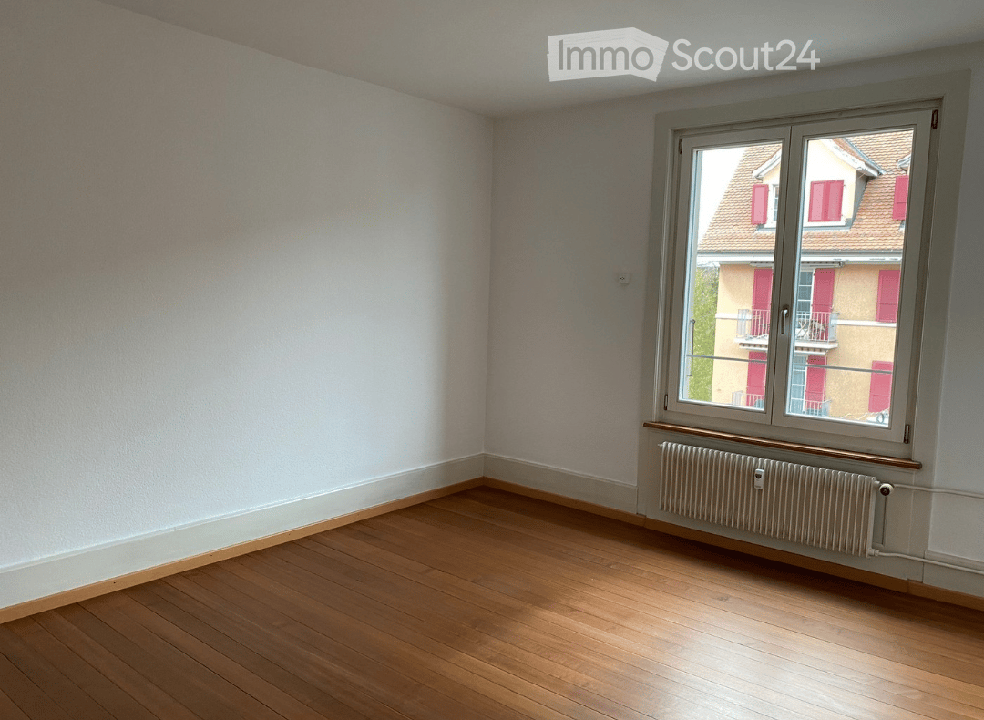 empty room, wooden floors, white walls, double window, heating unit