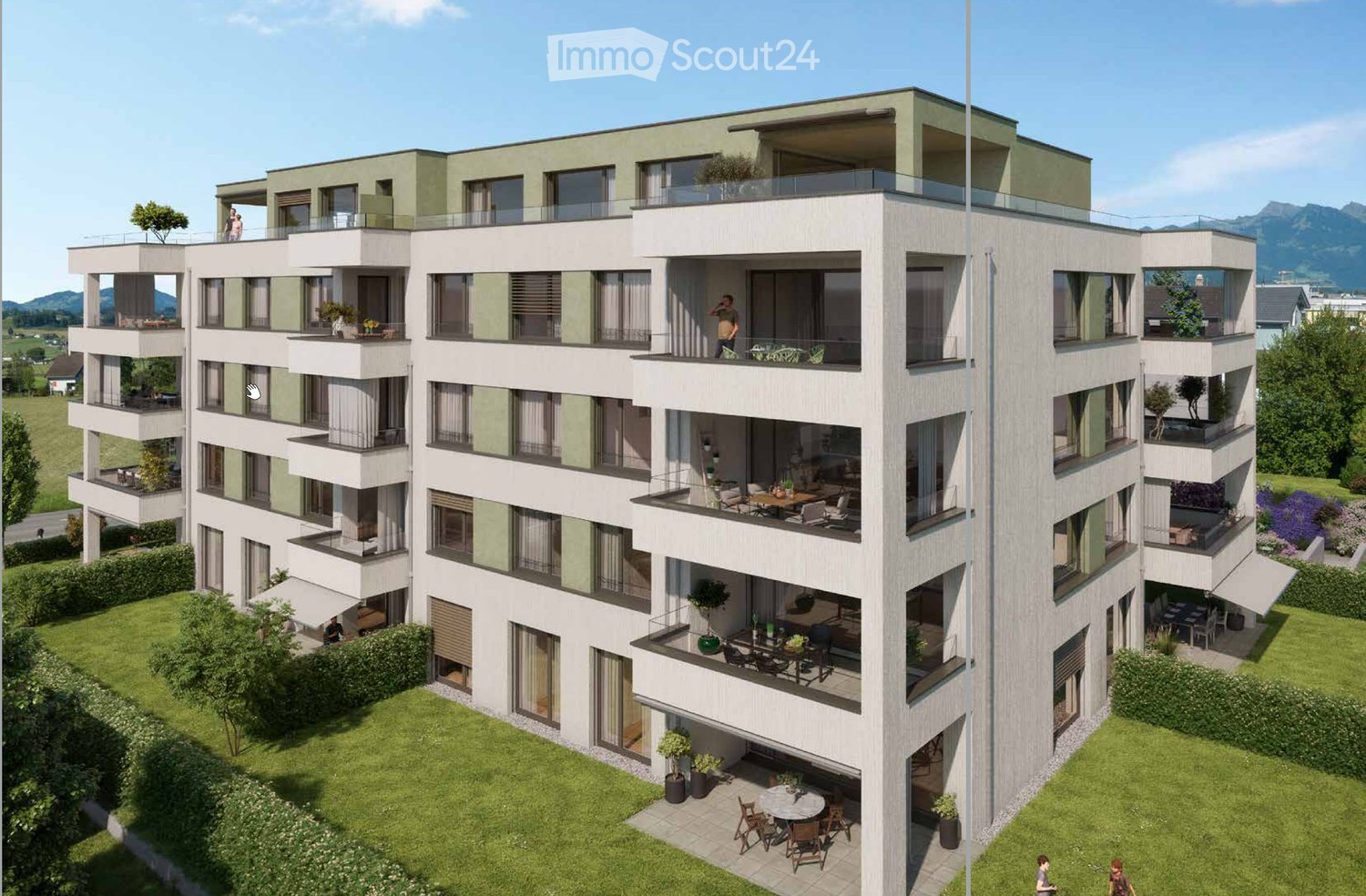 Modern apartment building, raised ground floor, multiple balconies