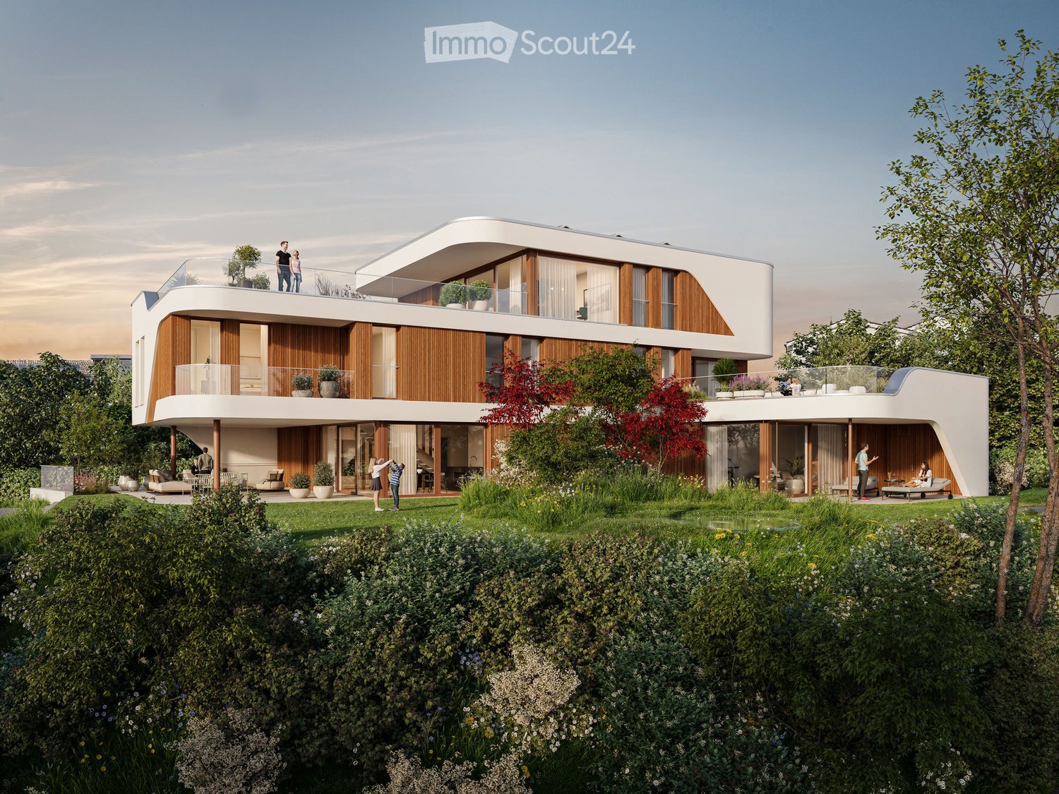 Modern apartment complex, wooden beams, glass balconies, rooftop terrace, large green garden, landscaped yard
