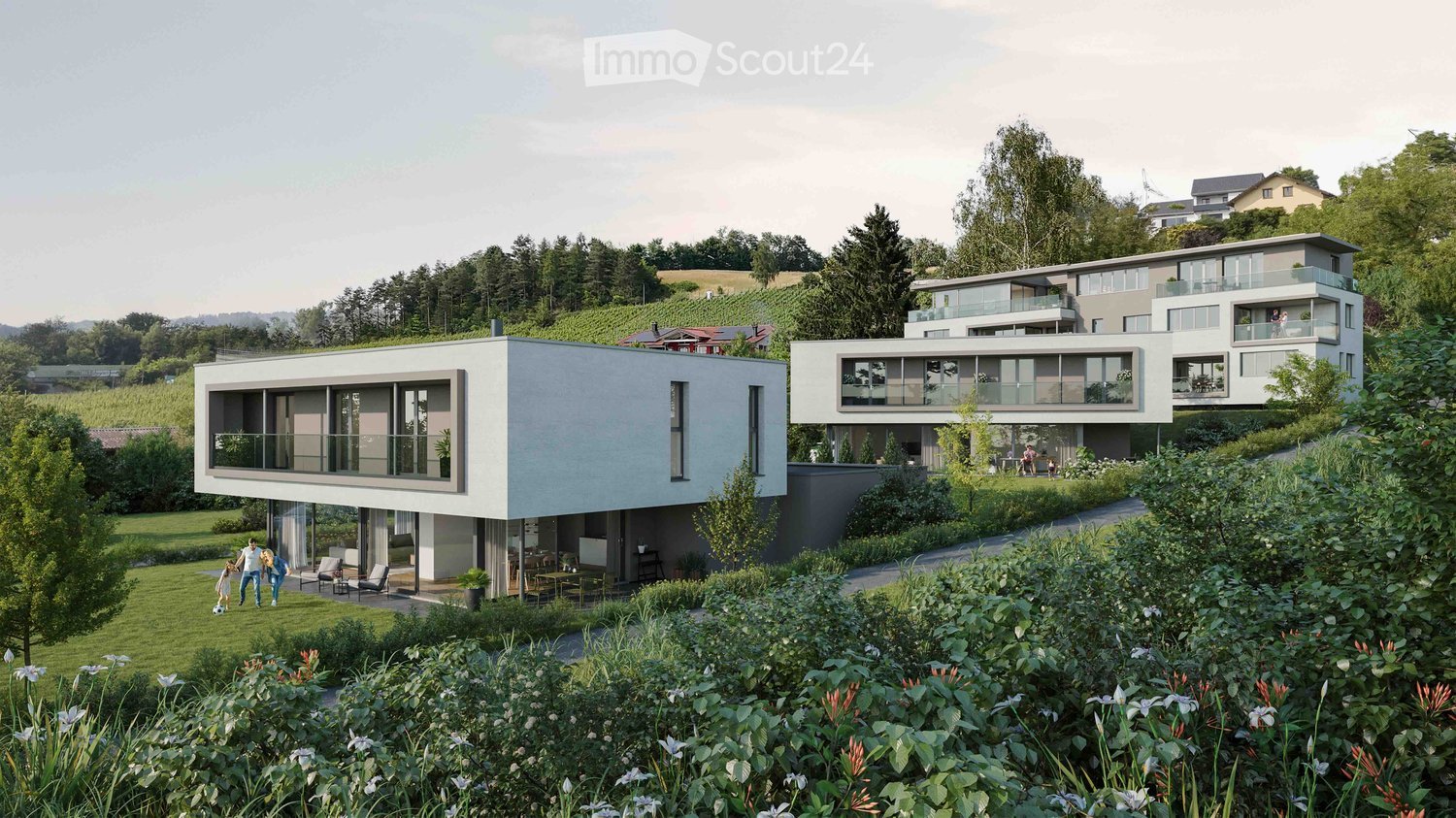 modern architectural design, 2-story, terrace, large windows, surrounded by trees and plants