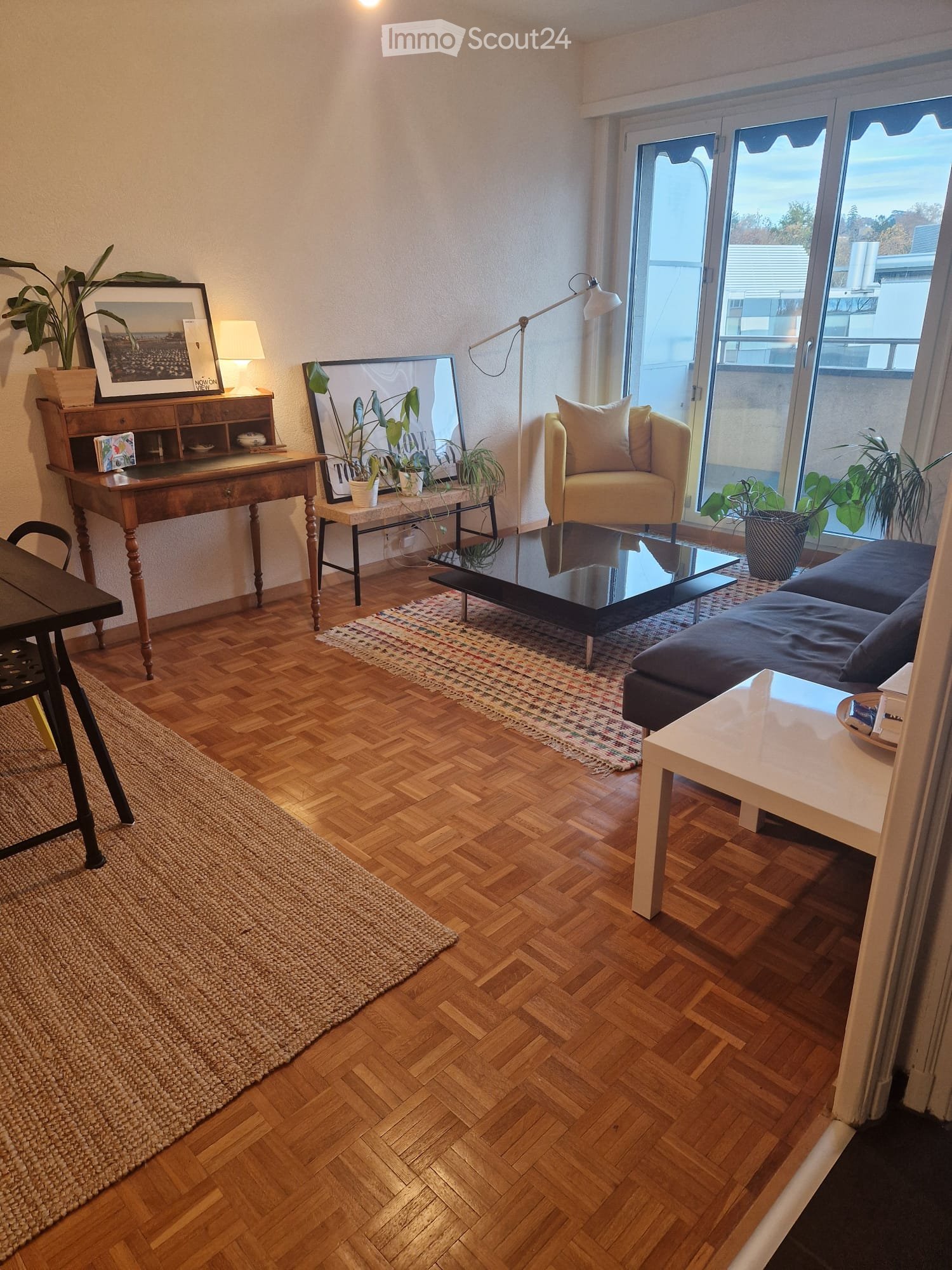 Wooden floor, large windows, plants, desk, couch, coffee table, rug